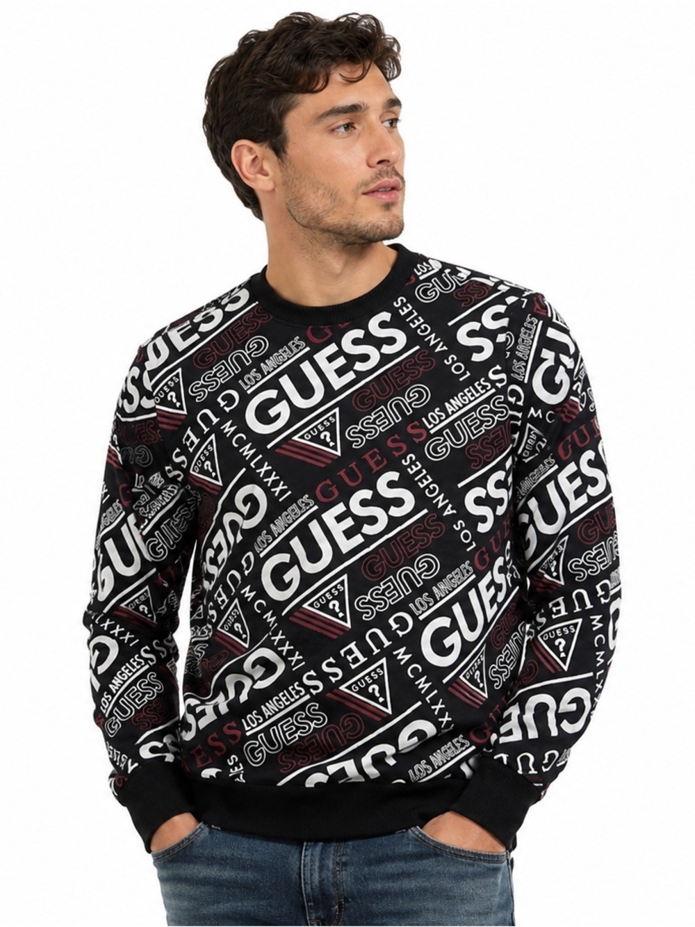 Guess Black Crewneck Sweater with White and Burgundy Logo Print